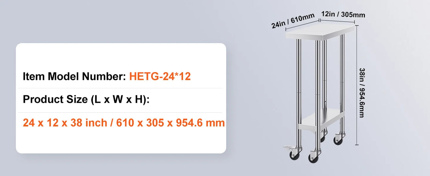 Heavy Duty Stainless Steel Work Table with Wheels Adjustable Height
