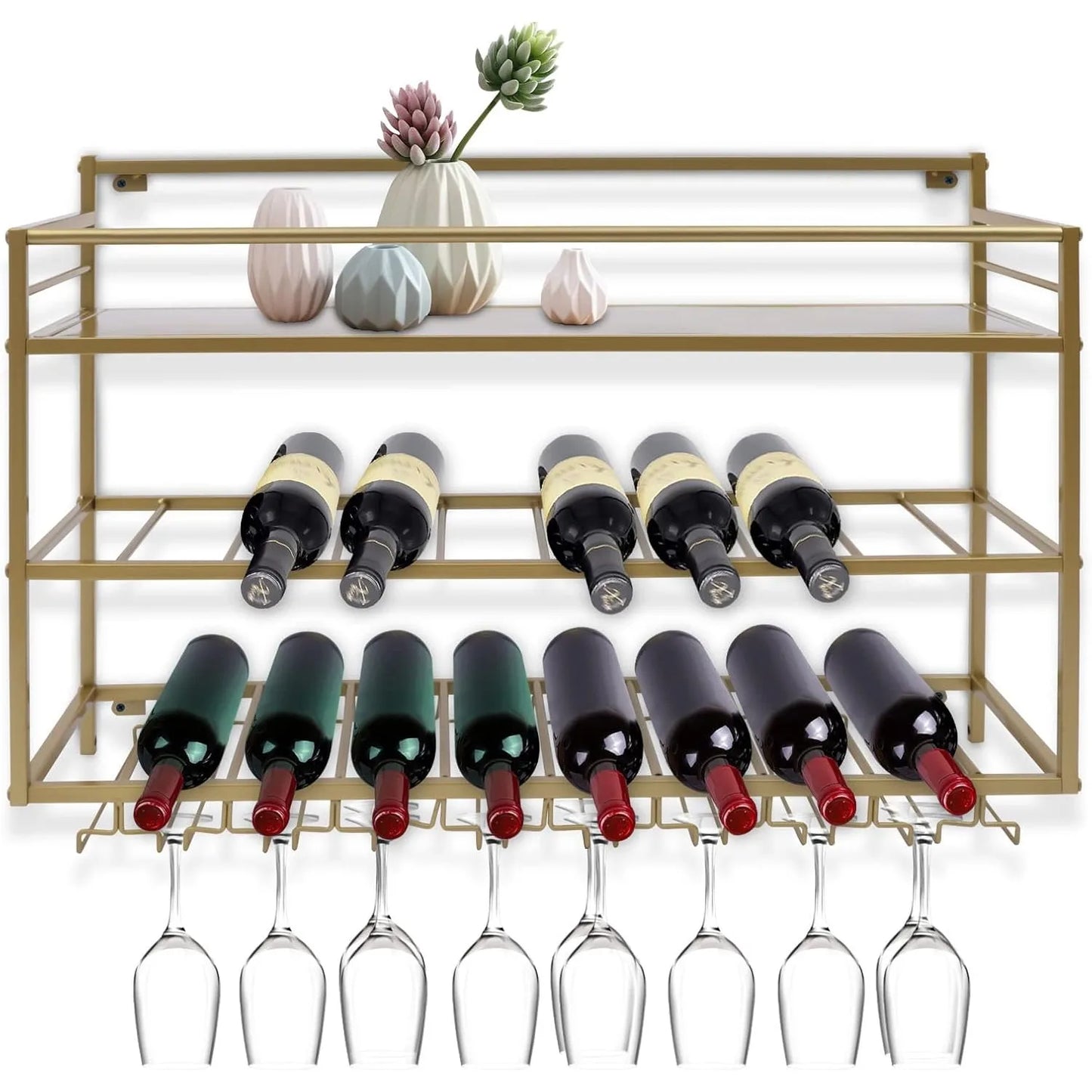 Wine Rack Wall Mounted 3 Layer Metal Storage Shelf Goblet Holder