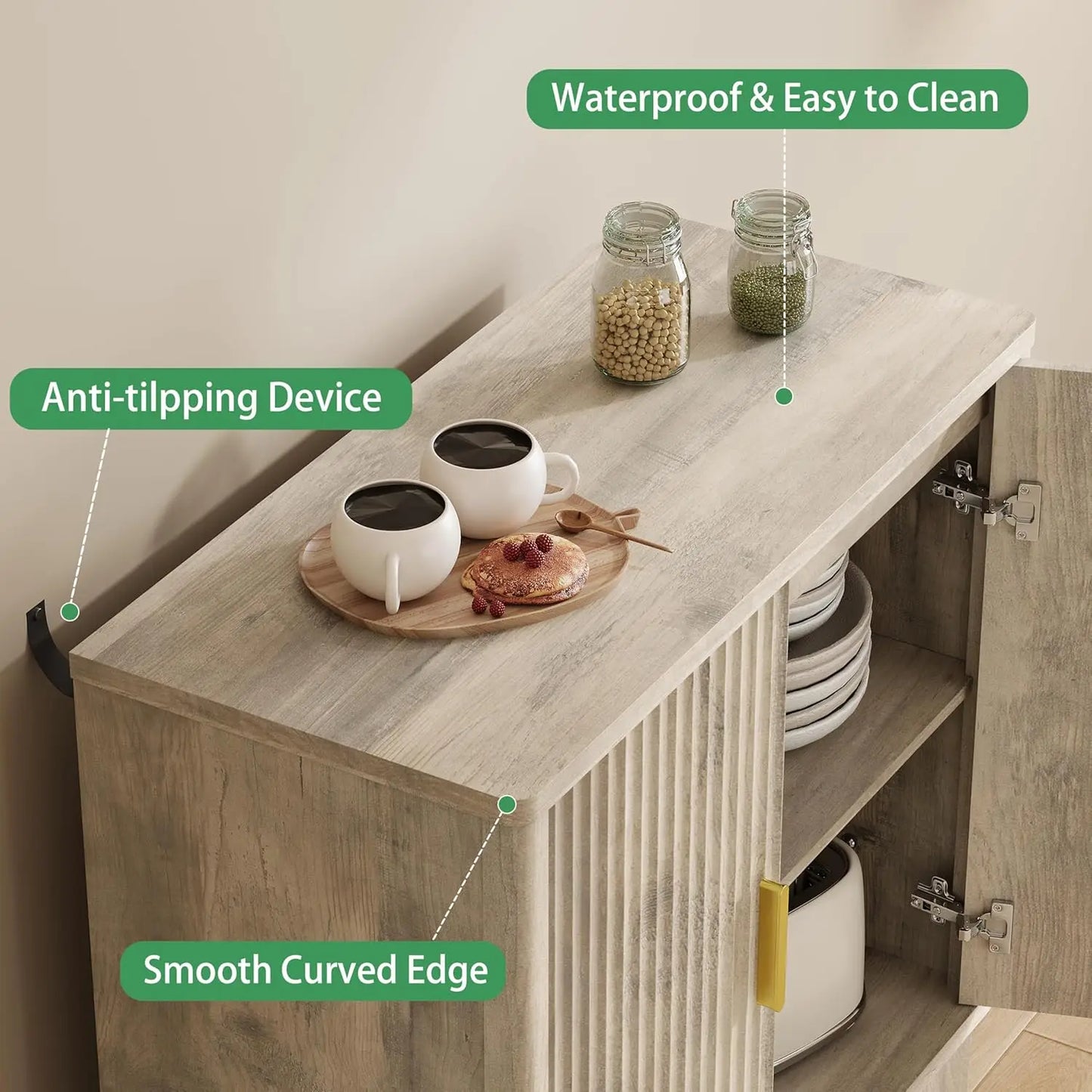 Fluted Sideboard Buffet Cabinet Storage Mid Century Modern Coffee Wine Bar