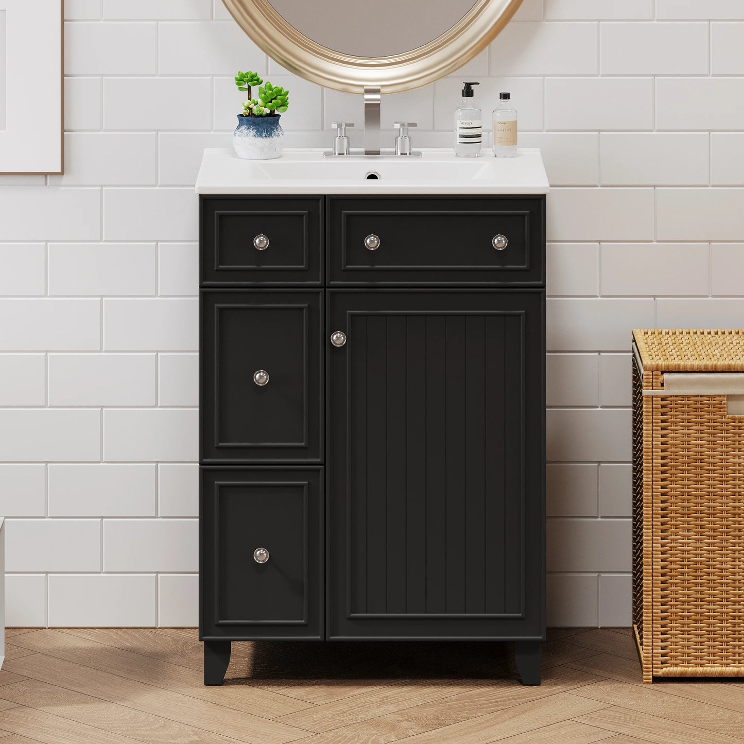 24 Inch Bathroom Vanity Cabinet Ceramic Sink 2 Drawers Storage