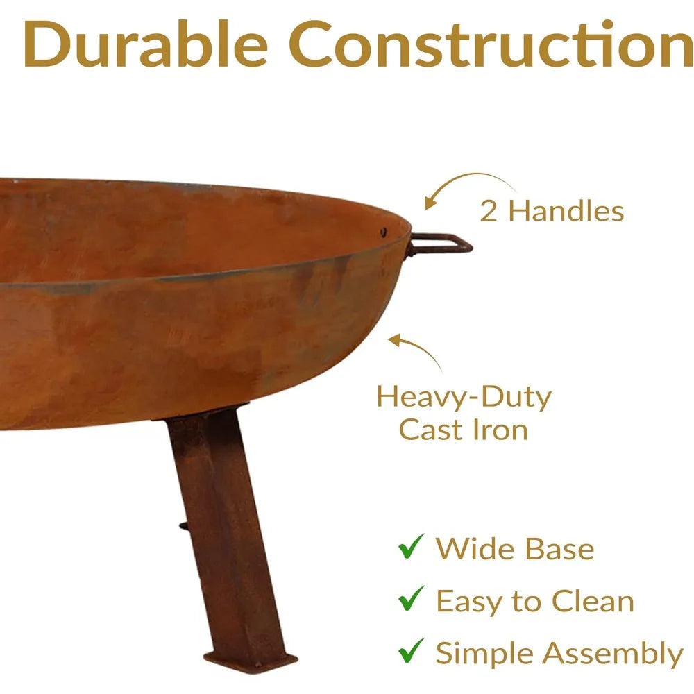 30Inch Heavy Duty Cast Iron Fire Pit Wood Burning Outdoor Bowl