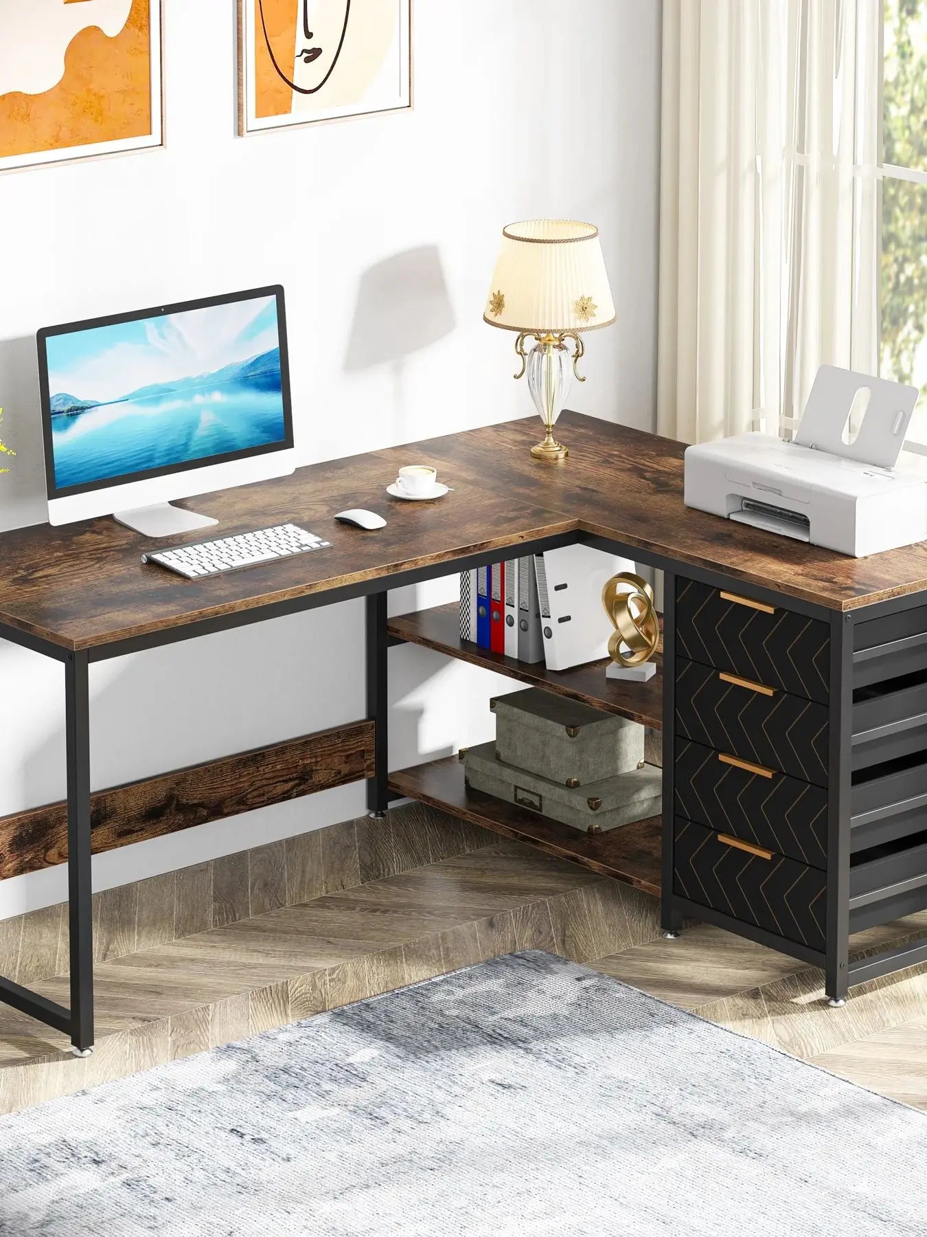 L Shaped Computer Desk with Storage Drawers Reversible Corner Desk