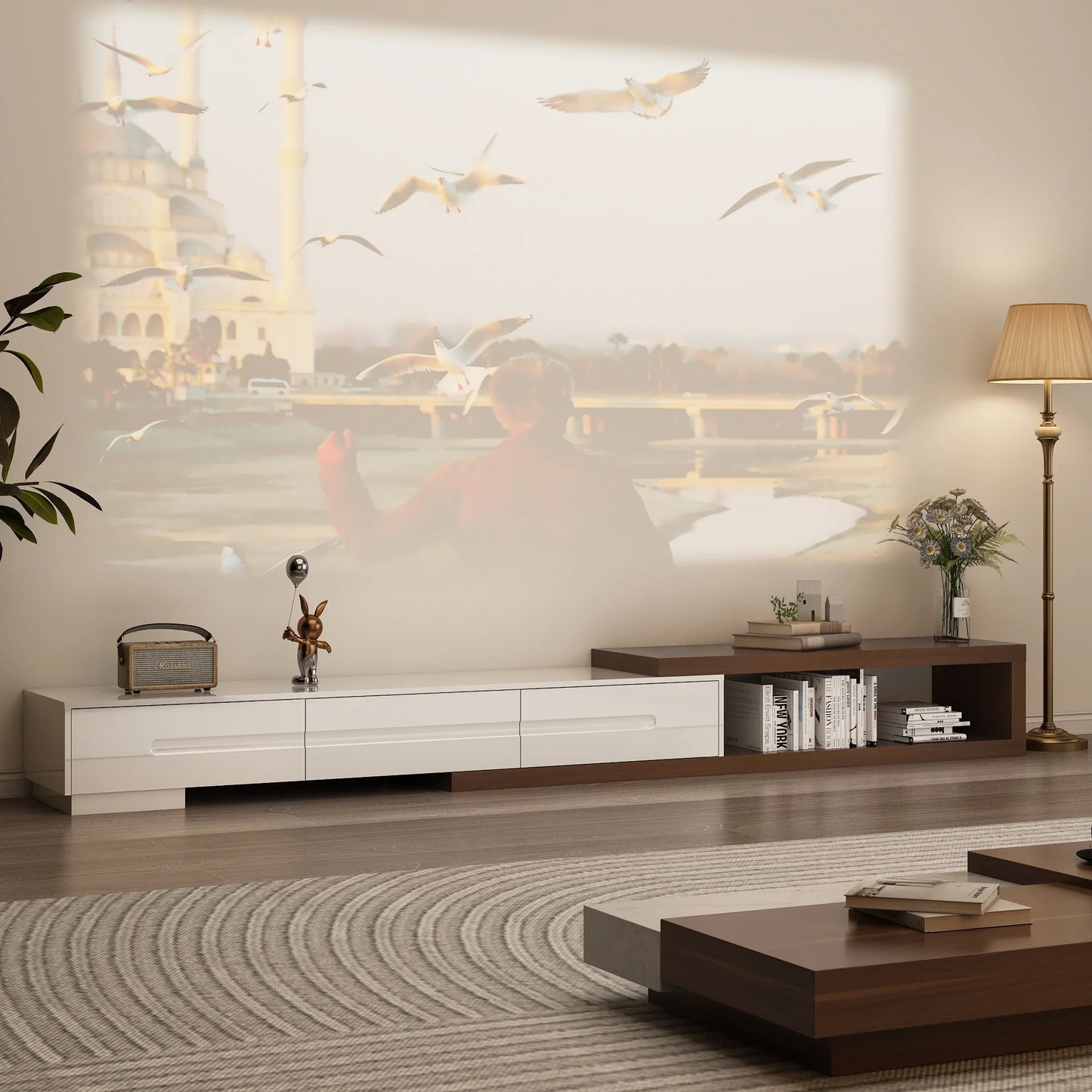 Extendable TV Stand for 120" TV Modern Wood Console with Drawers