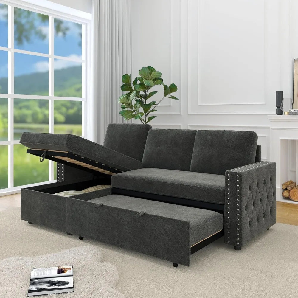 Reversible Sleeper Sectional Sofa Tufted Chenille L-Shaped Couch