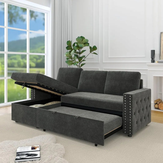 Reversible Sleeper Sectional Sofa Tufted Chenille L-Shaped Couch