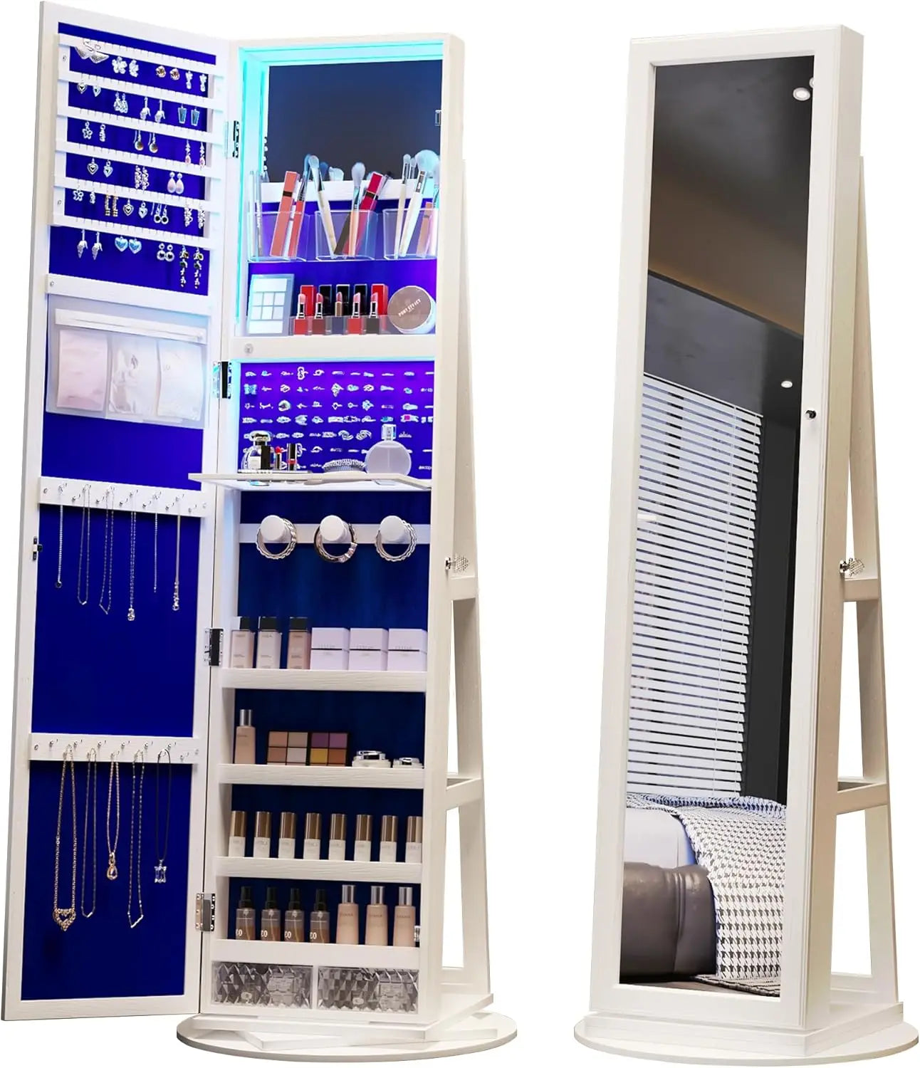 360 Degree Swivel Jewelry Armoire Lockable Cabinet with LED Light