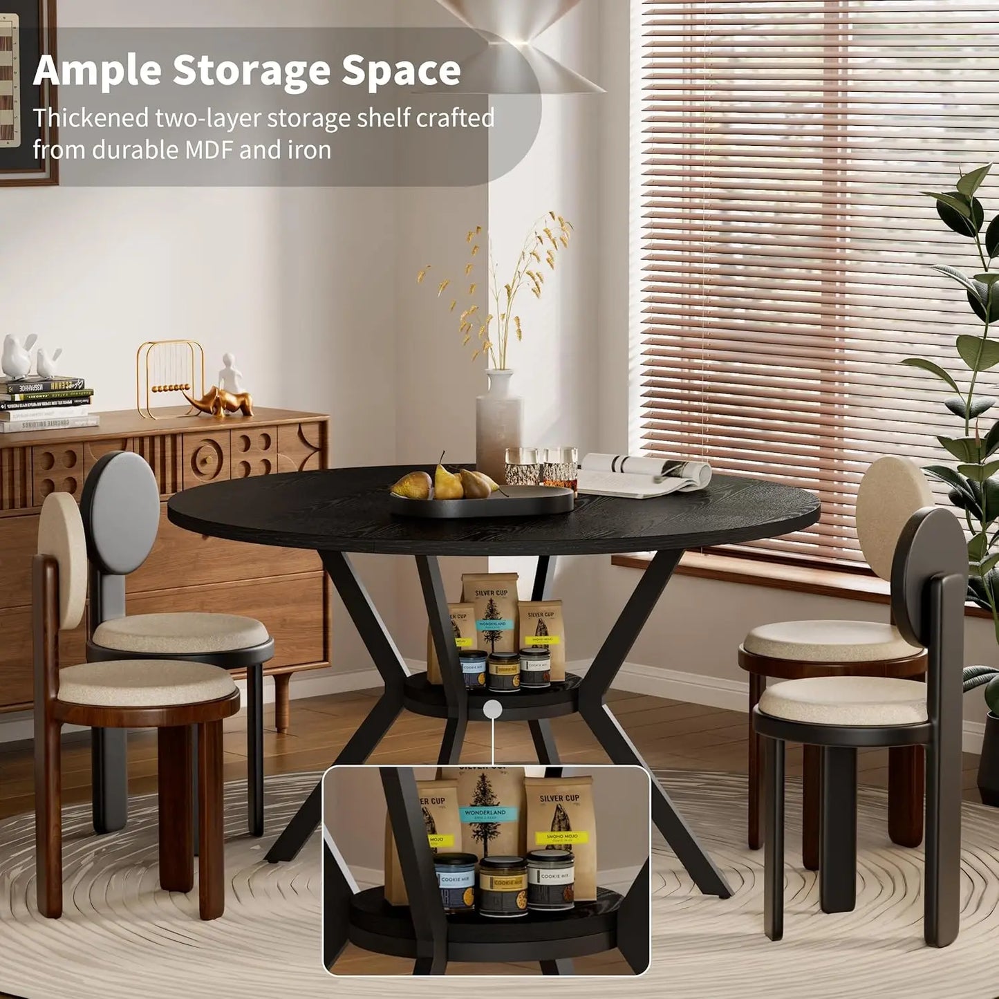 Round Kitchen Dining Table for 4 with Storage Rustic Mid Century Modern