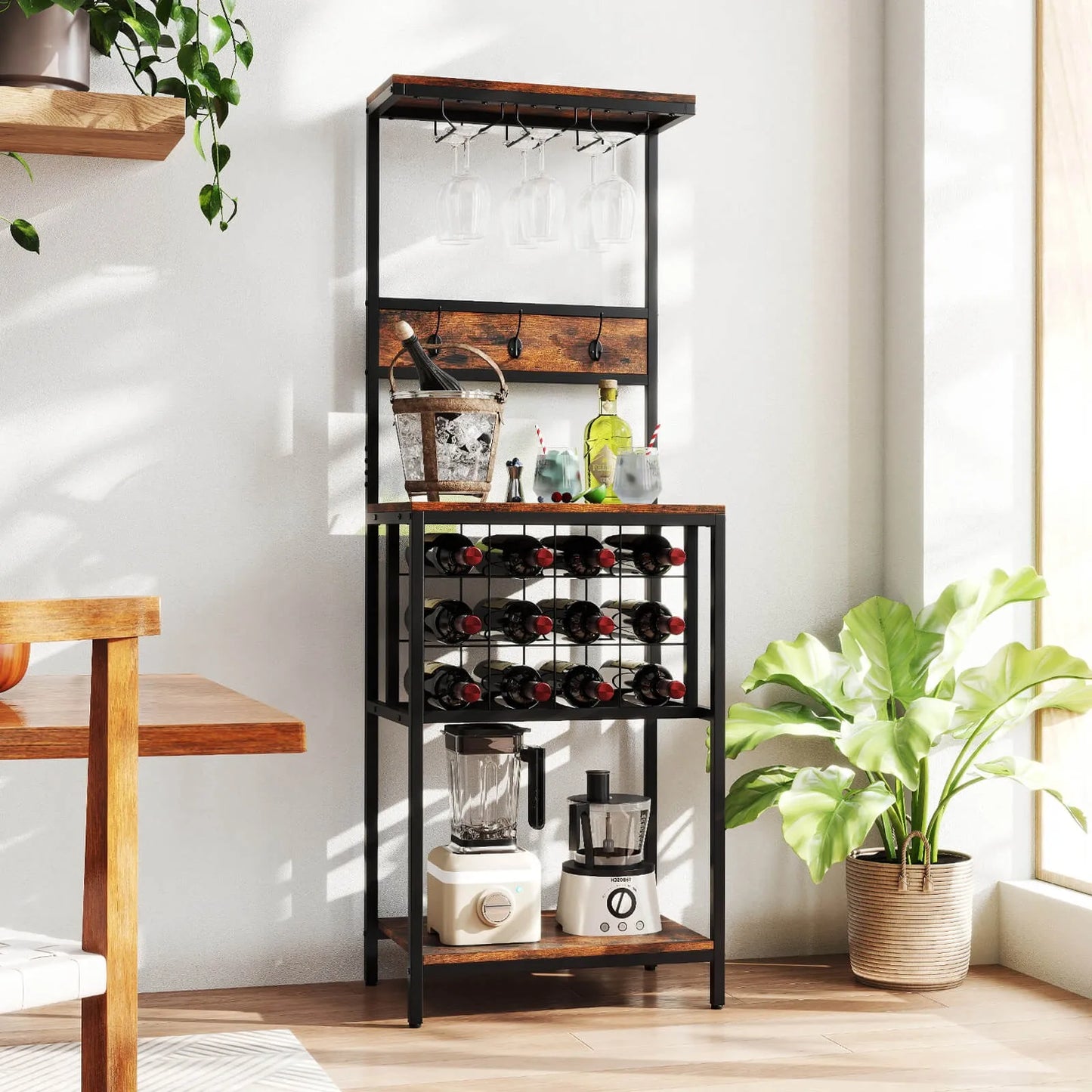 Freestanding Wine Rack with Countertop Glass Holder and Shelf
