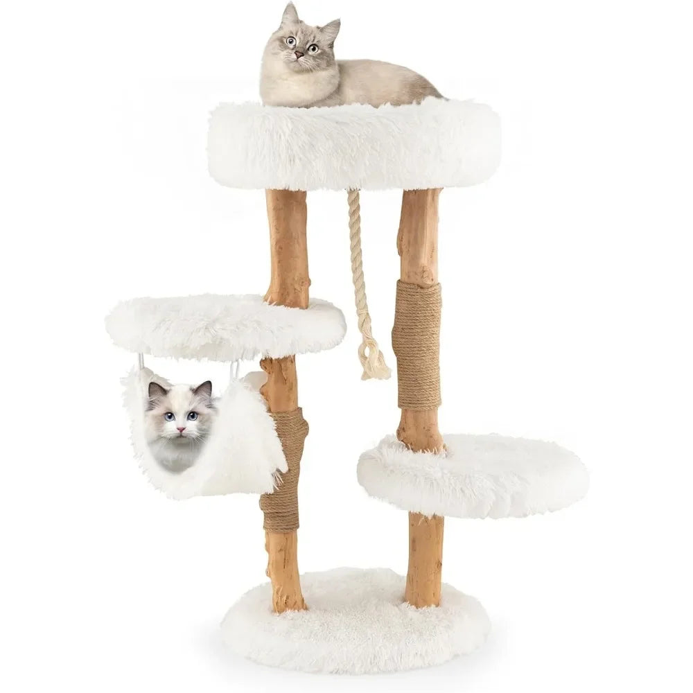 Cat Tree Indoor Solid Wood Modern Cat Tower with Hammock and Perch