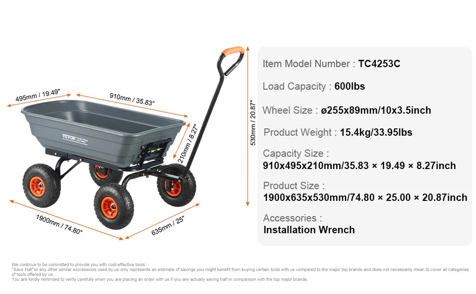 Durable Garden Dump Cart Heavy Duty Poly Wagon Steel Structure