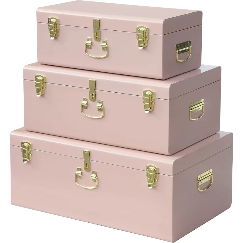 Decorative Box Set 3 Metal Trunks Chest Storage with Lock for Home Decor