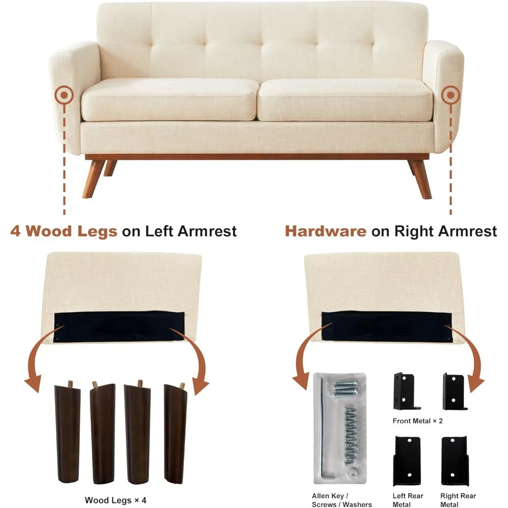 Mid Century Modern Loveseat Sofa Button Tufted Upholstered Couch