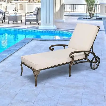 Cast Aluminum Outdoor Chaise Lounge Chair Adjustable Backrest Wheels