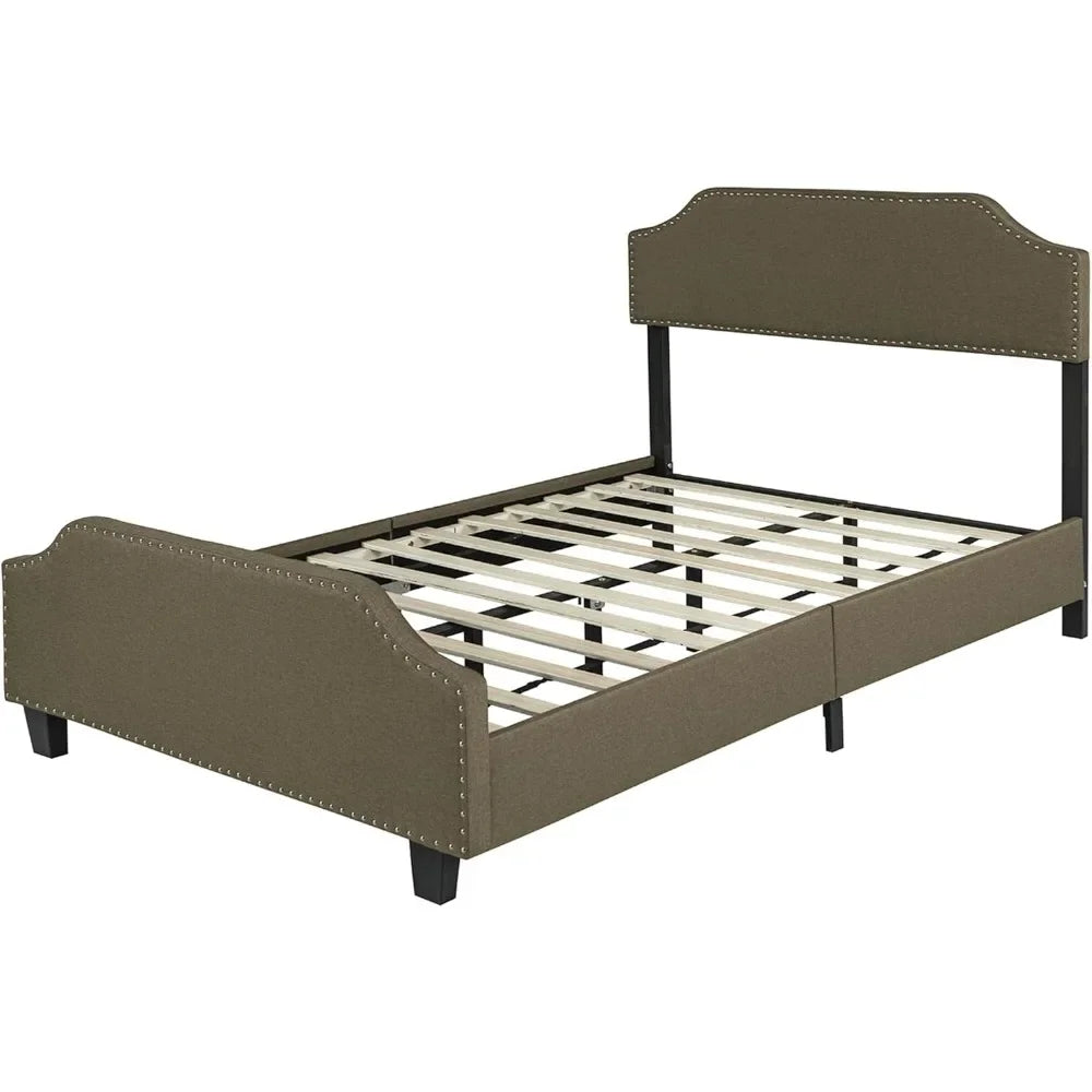 Linen Upholstered Bed Frame Curved Adjustable Headboard Easy Assembly