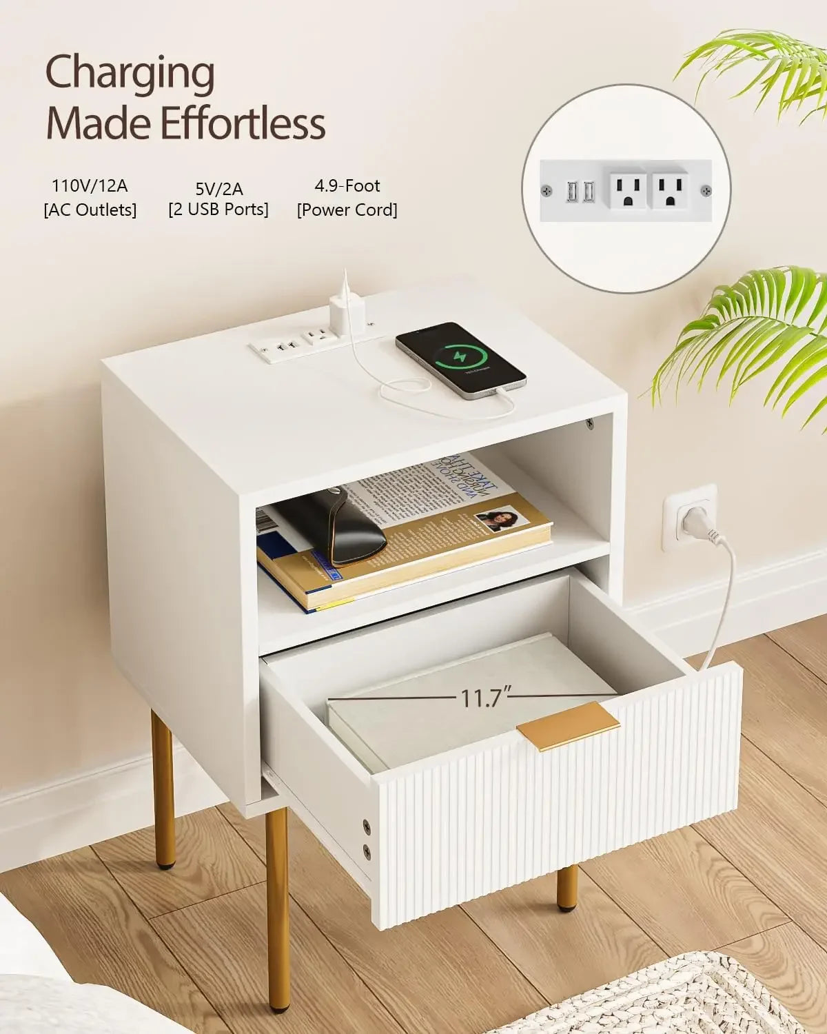Small Bedside Table Gold Frame White Nightstand Drawer Shelf Furniture
