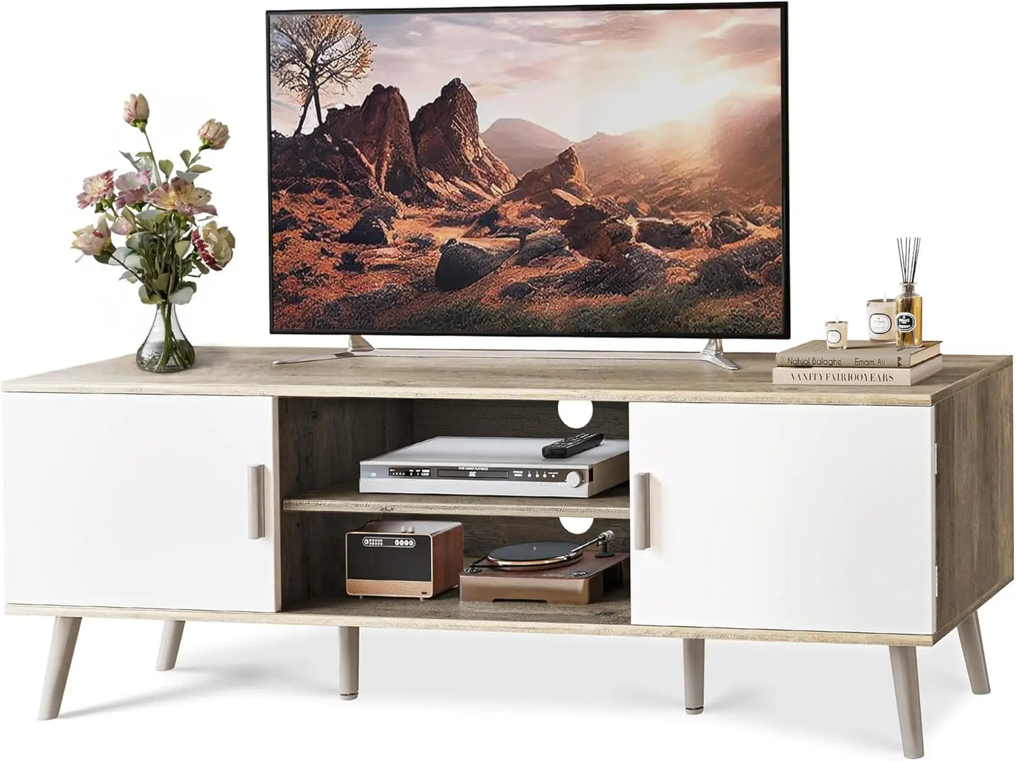 TV Stand for 55 Inch TV with Adjustable Shelf and 2 Cabinets