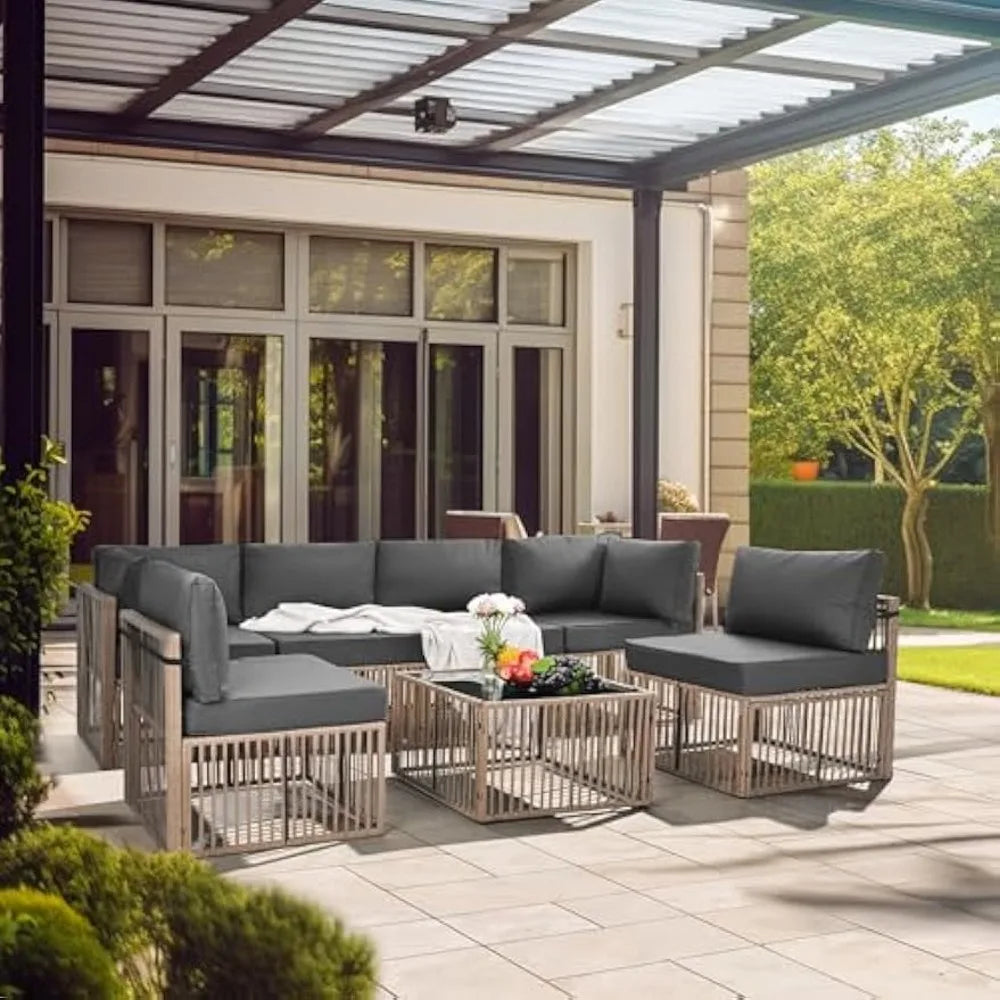 Ljustra 7 Piece Outdoor Sectional Set All-Weather PE Rattan Furniture