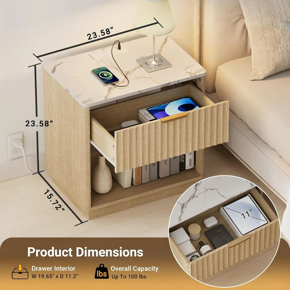 Fluted Nightstand Set of 2 with Charging Station and Faux Stone Top