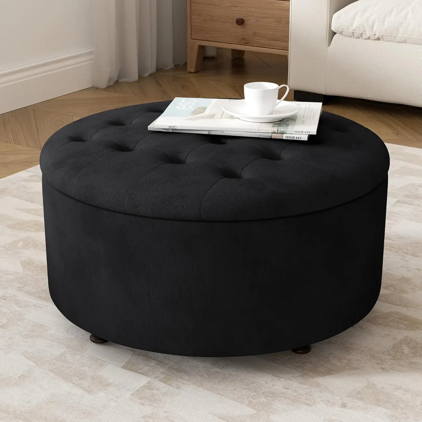 30 Inch Round Storage Ottoman Modern Tufted Coffee Table Upholstered