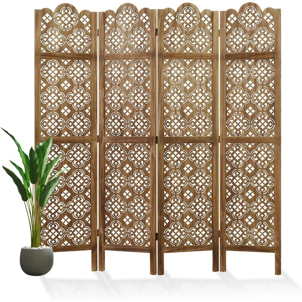 68.9Inch Folding Room Divider 4 Panels Wood Carved Privacy Screen