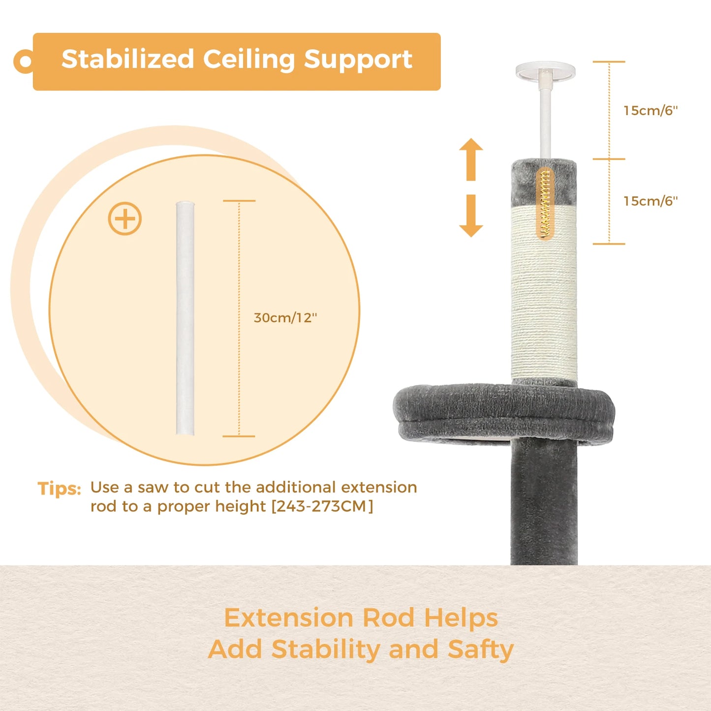 Adjustable Height Cat Tree Indoor Floor to Ceiling Tower Scratching Post