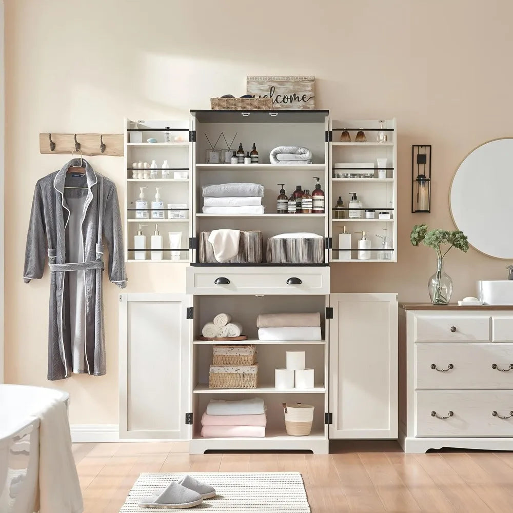 72 Inch High Kitchen Sideboard with Barn Doors Adjustable Shelves Storage