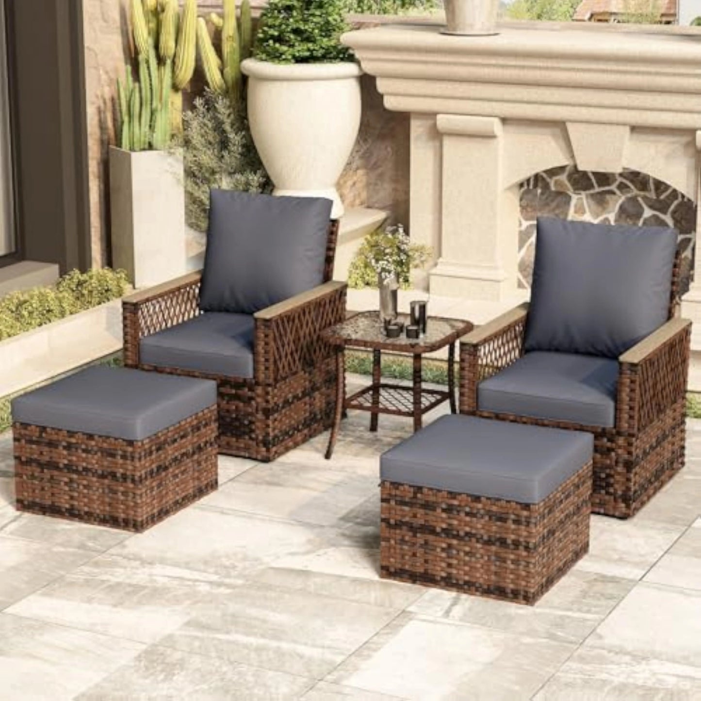 5 Pieces Patio Furniture Set Outdoor Swivel Glide Chair Ottomans Table