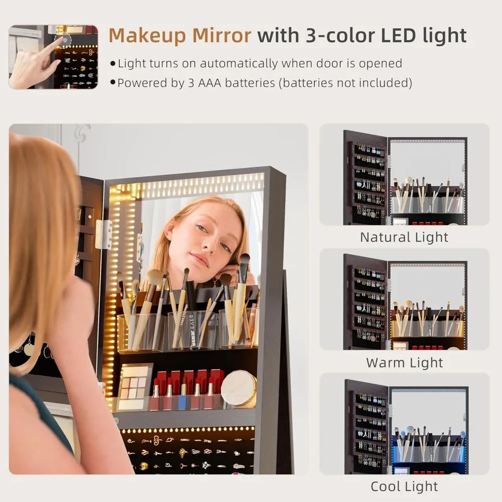 360 Degree Swivel Jewelry Cabinet Full Length Mirror Storage Organizer