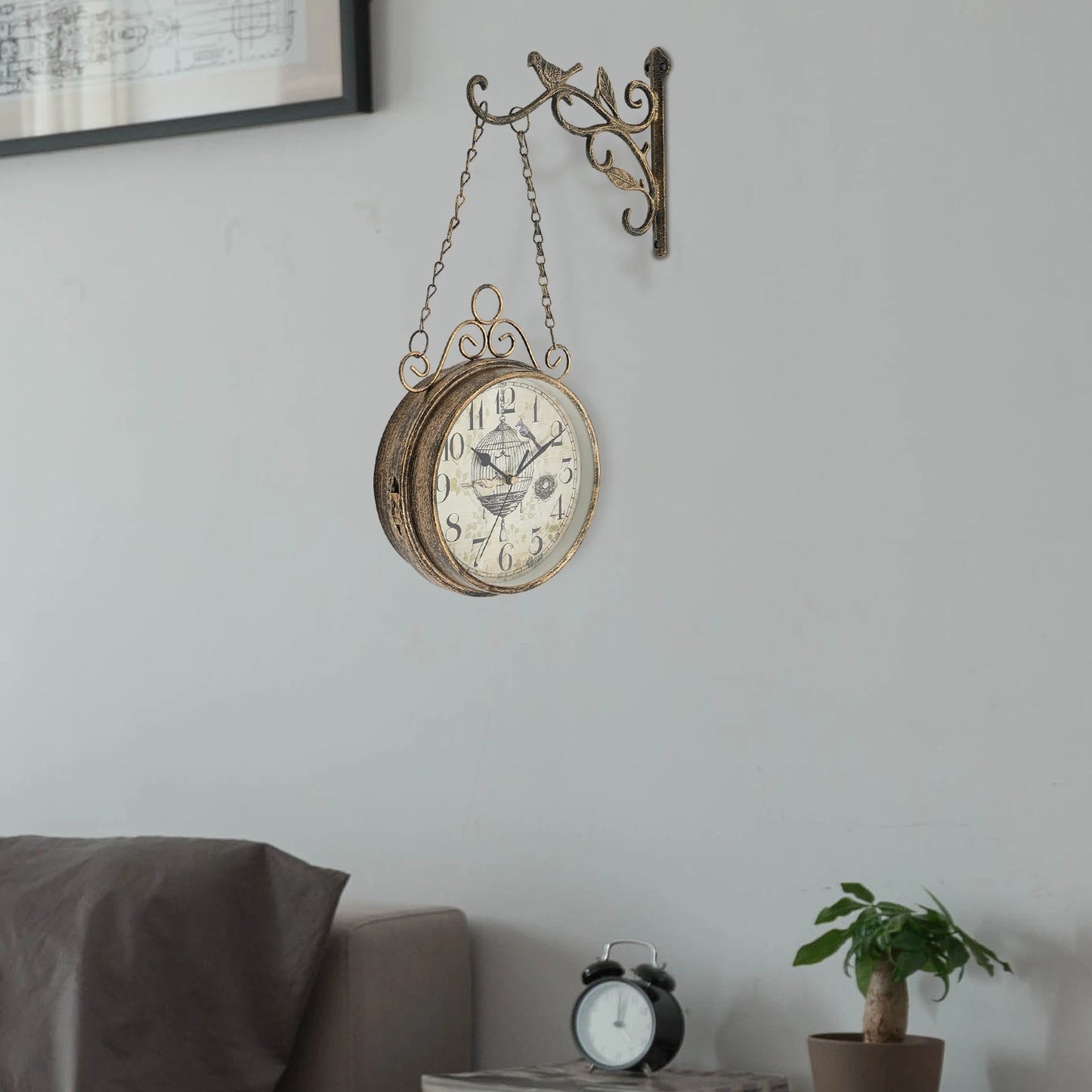 Double Sided Iron Wall Clock Vintage Round Design for Living Room Decor