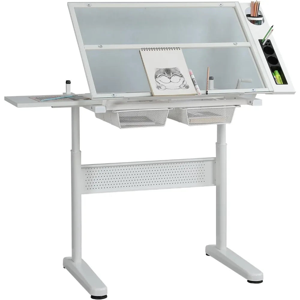 Hand Adjustable Drafting Table Artist Desk with Tilting Glass Top
