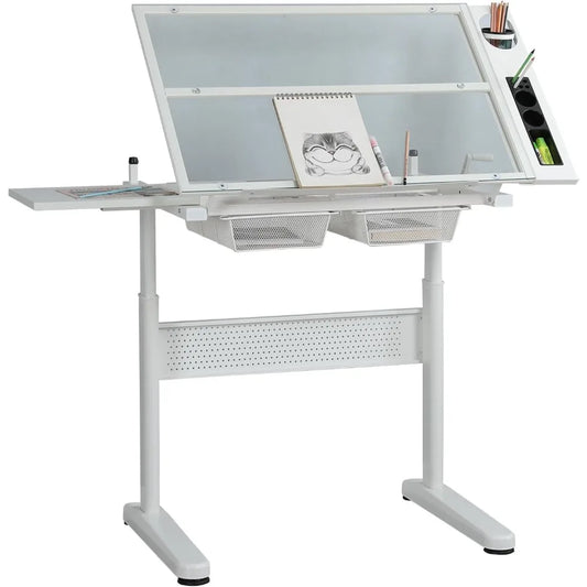 Hand Adjustable Drafting Table Artist Desk with Tilting Glass Top