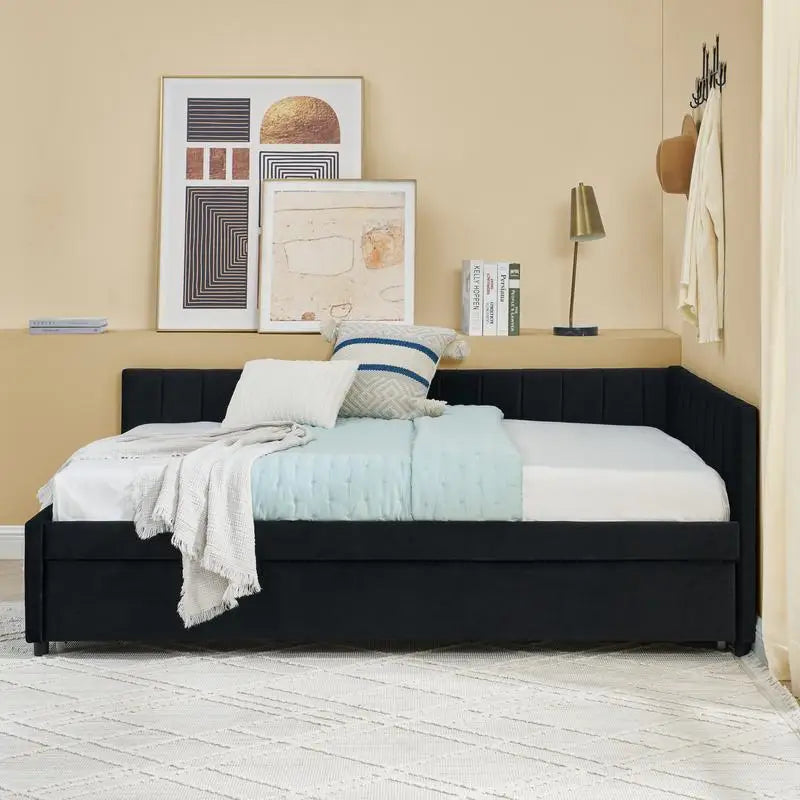 Full Size Tufted Daybed with Trundle Velvet Sofa Bed Frame Black