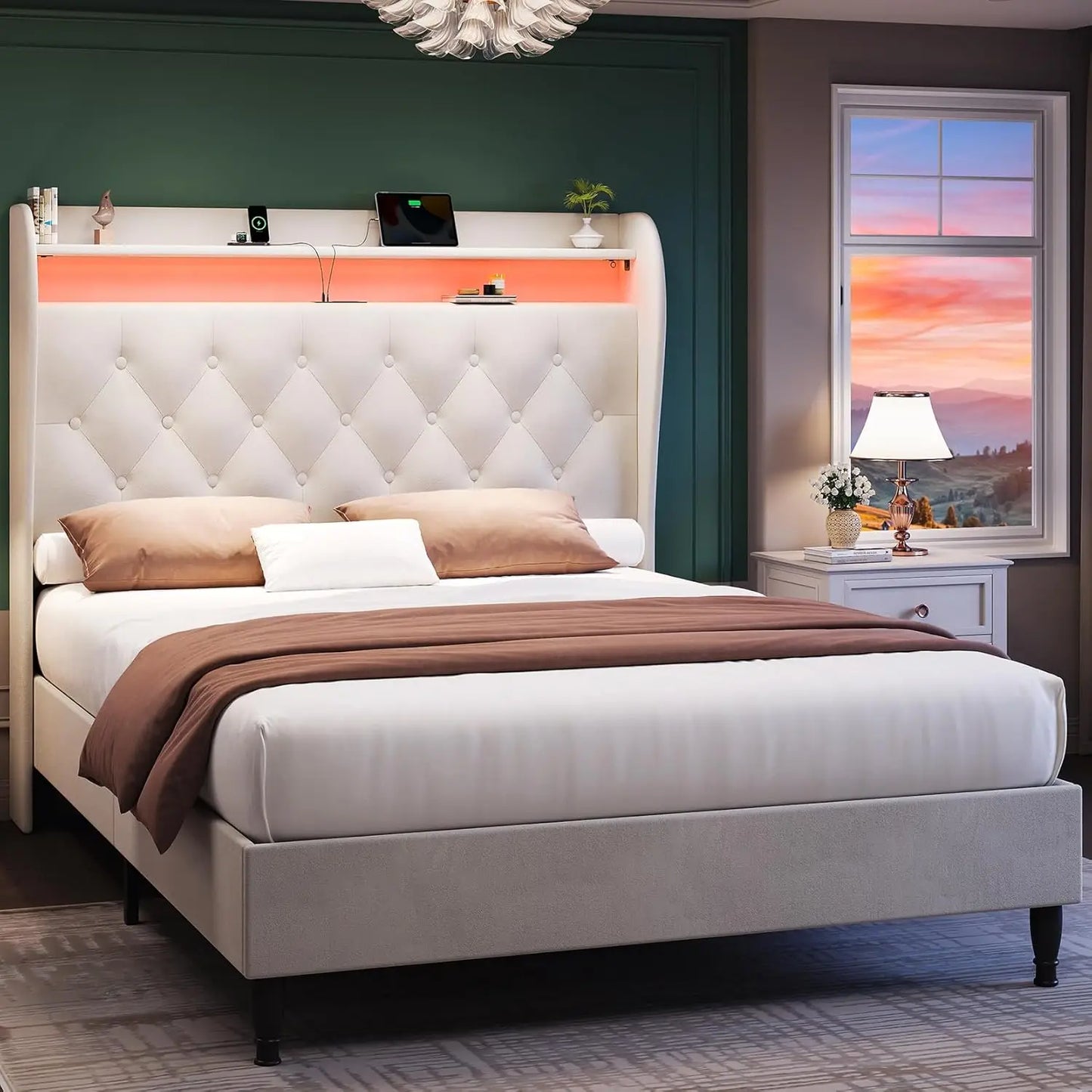 55.3 Inch Corduroy Upholstered Platform Bed Frame with LED USB Charging