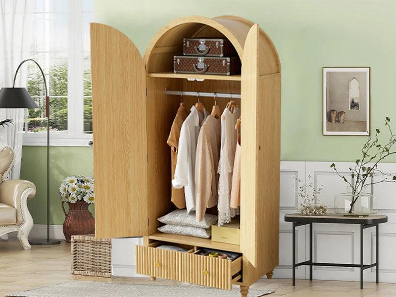 Modern Arched Wooden Storage Cabinet with Fluted Doors and Gold Knobs