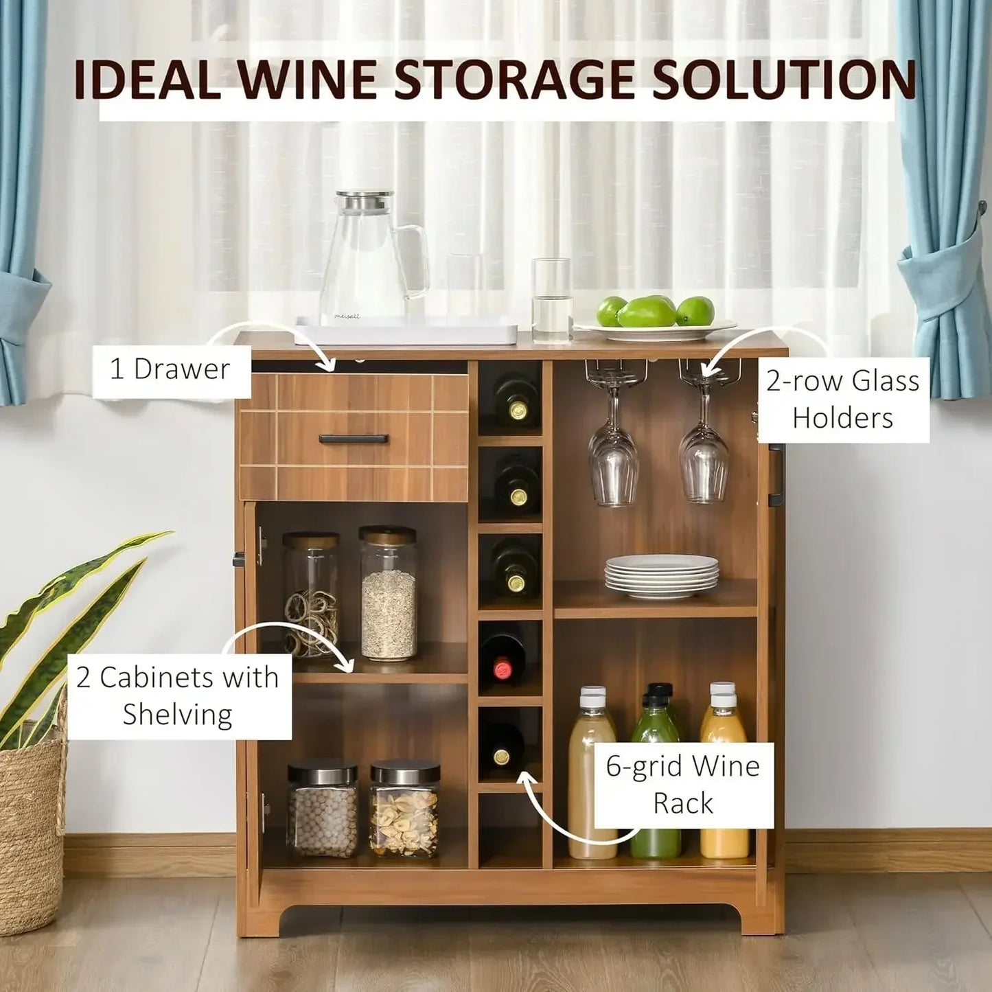 Retro Wine Cabinet Wine Rack Serving Bar 6 Bottles Storage Sideboard