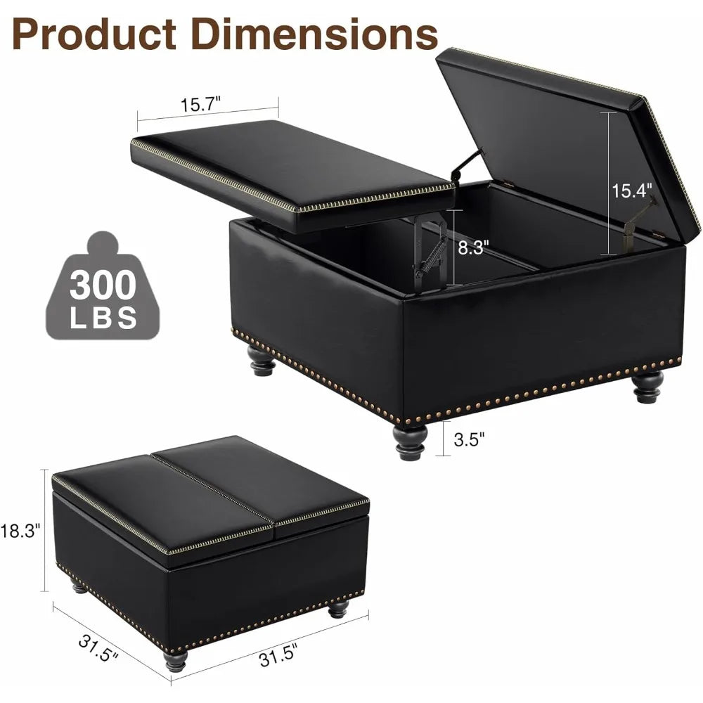Square Storage Ottoman Faux Leather Lift Top Multi-Purpose Living Room