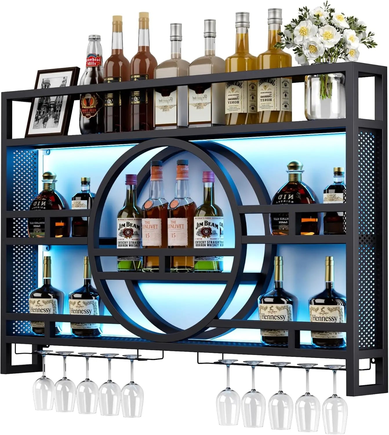 3-Tier Wall Mounted Wine Rack with LED Floating Bar Shelves