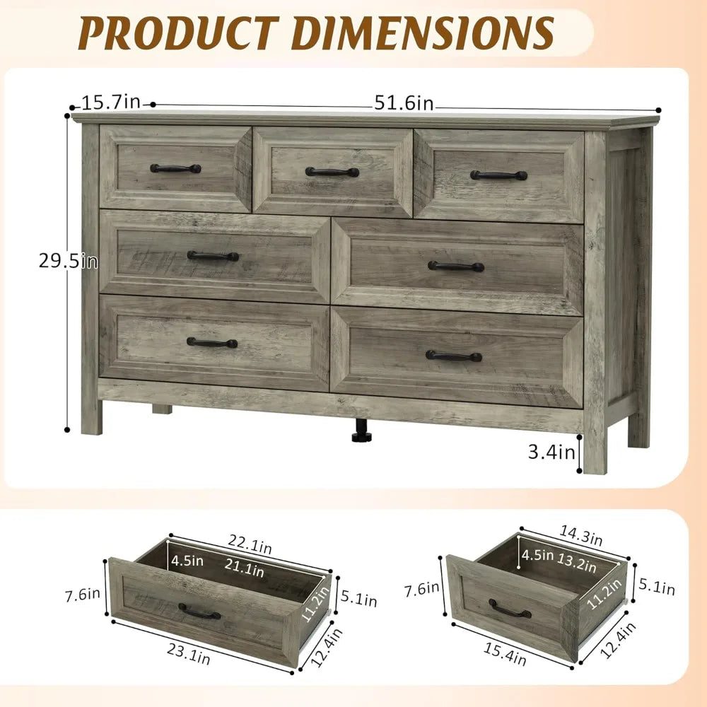 Farmhouse 7-Drawer Dresser Bedroom Storage Organizer Wood Chest