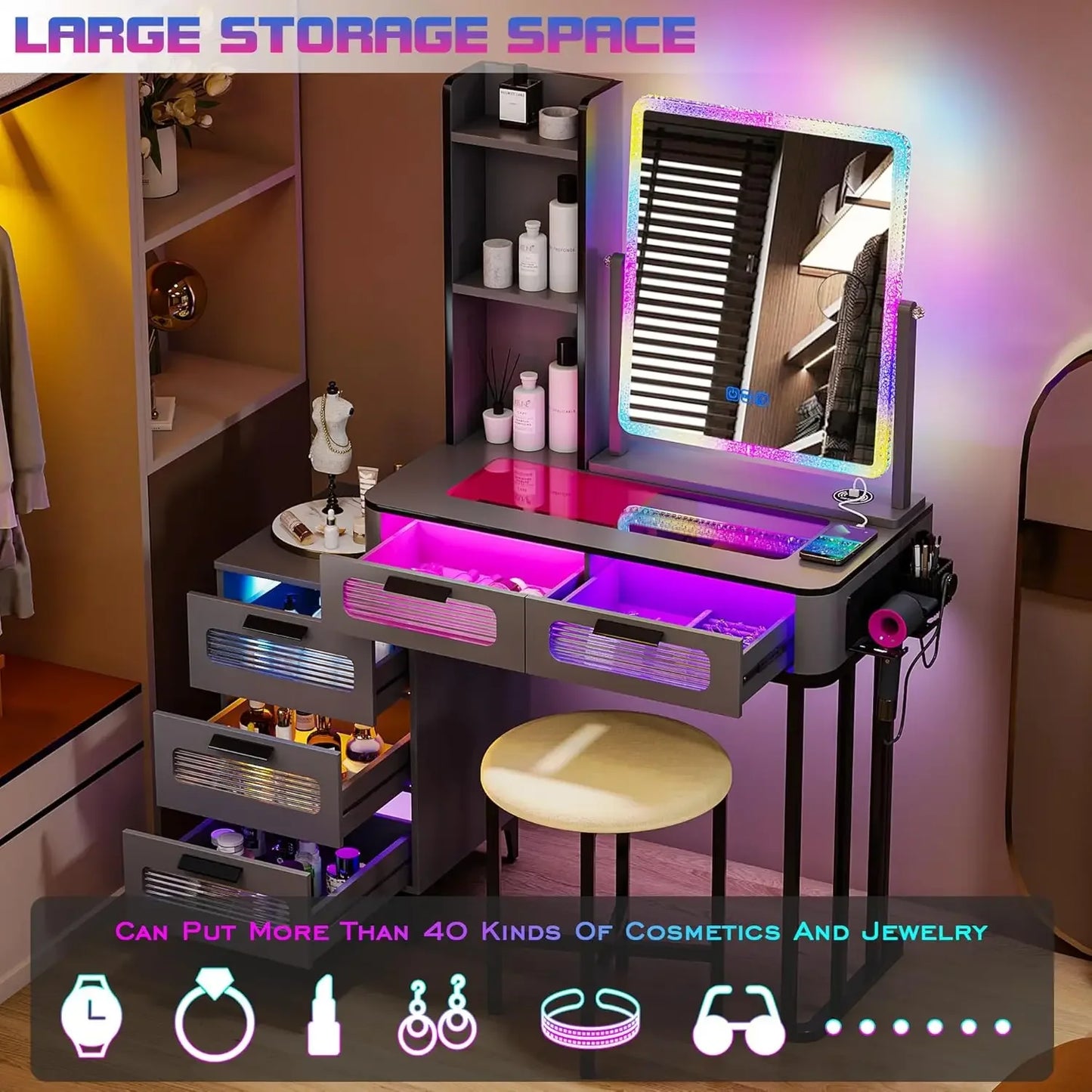 Makeup Vanity Table with Wireless Charging USB Ports 5 Drawers LED Mirror