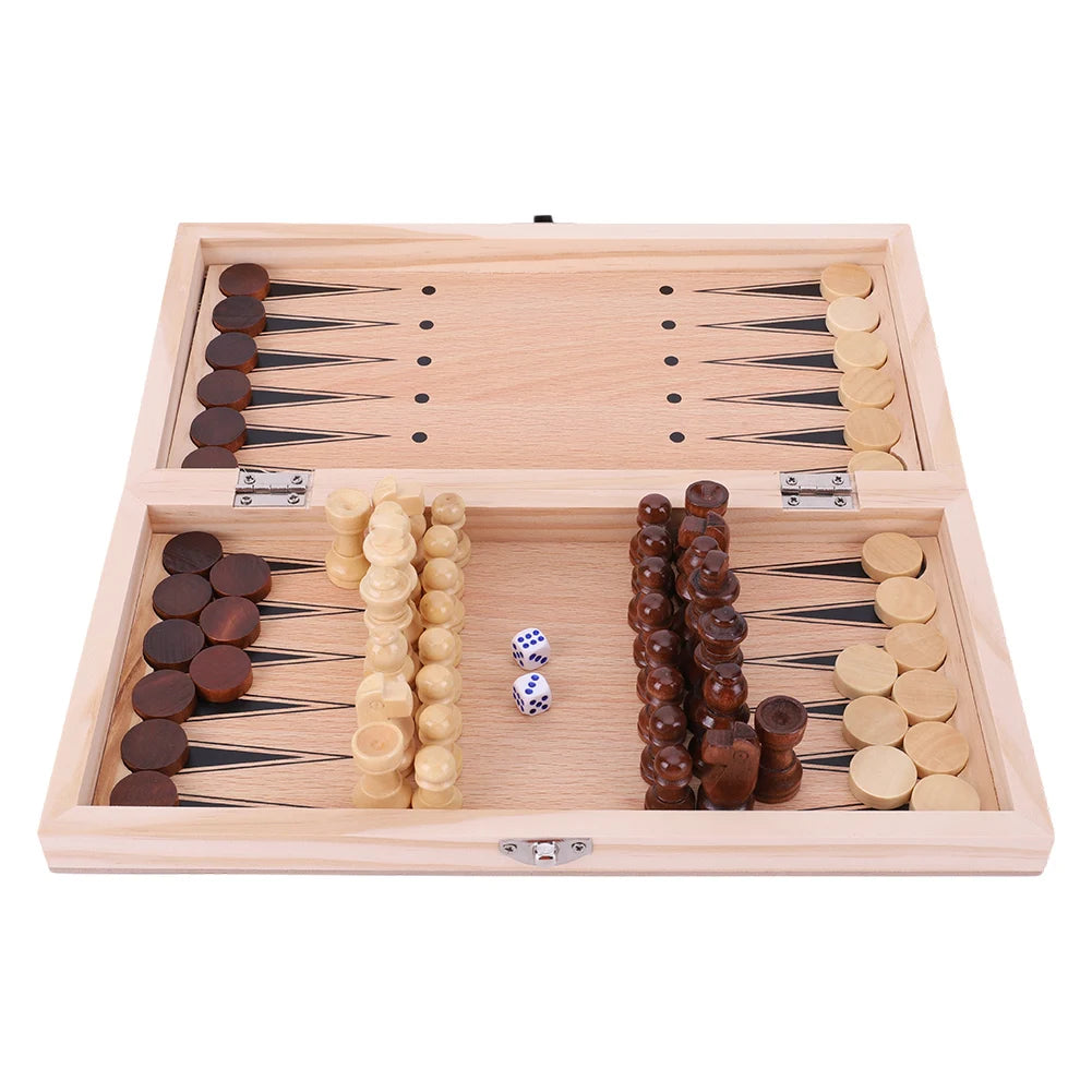 3 in 1 Chess Checkers Backgammon Wooden Game Set for Kids and Adults