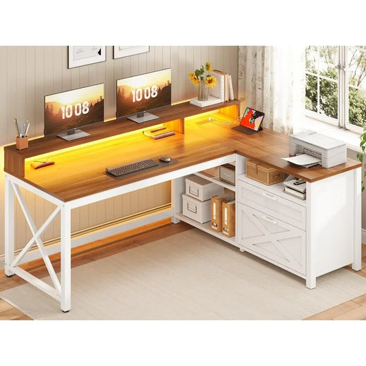 Farmhouse L Shaped Desk 55 Inch Office Gaming Desk with LED Lights