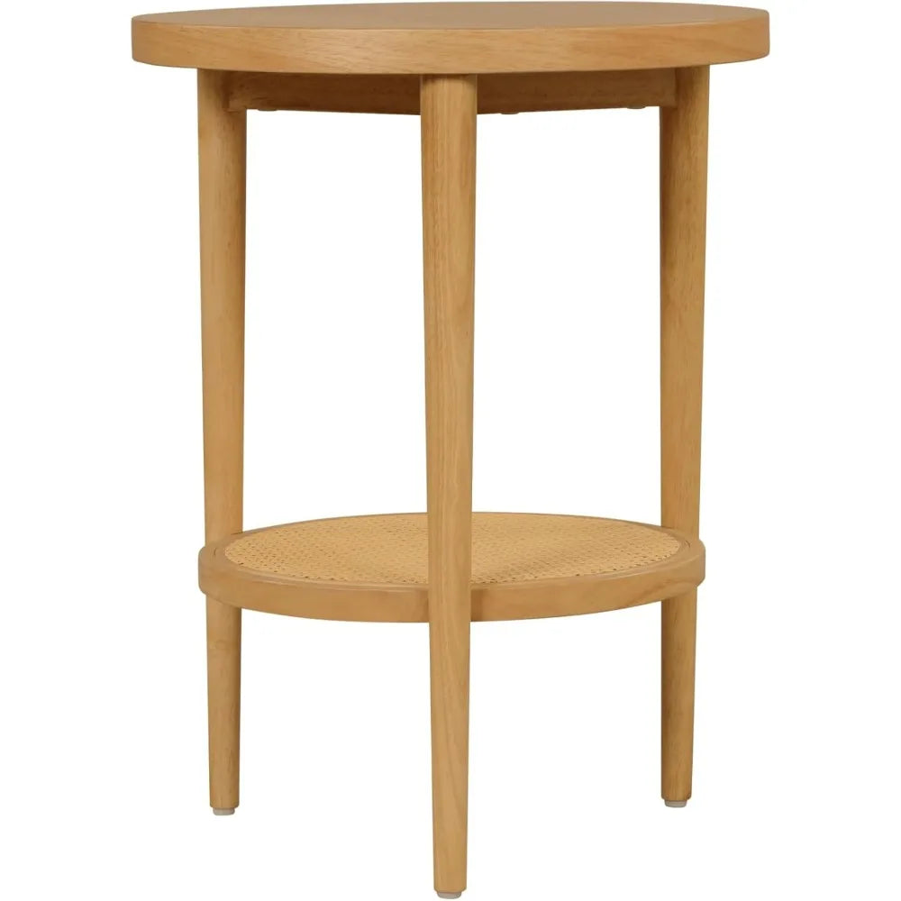 Sonia Boho Round Accent End Table Natural Wood Rattan Storage Shelf