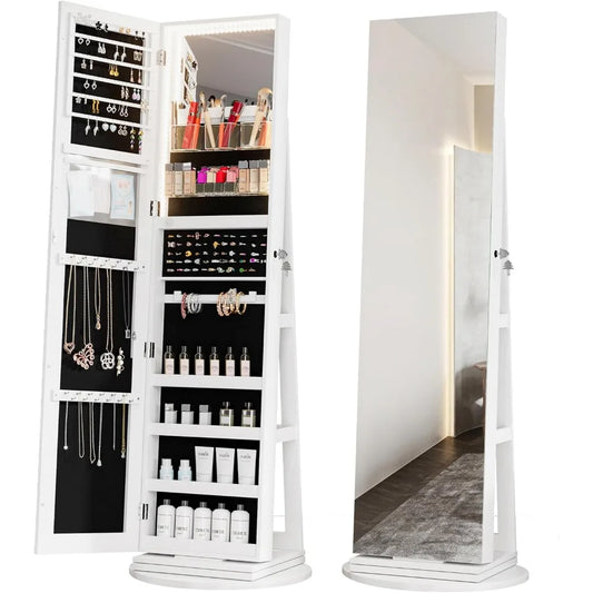 Full Length Mirror Jewelry Armoire with LED Lights Storage Cabinet