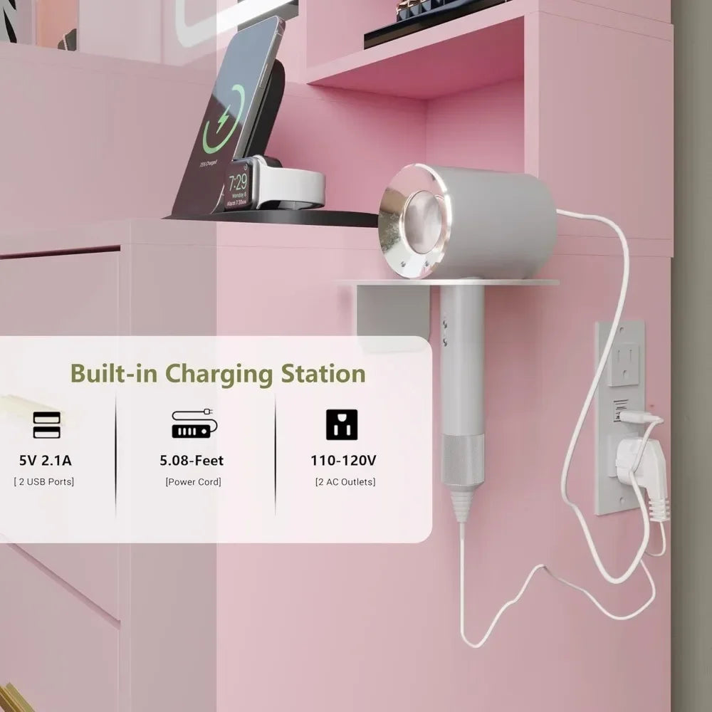 Makeup Vanity with LED Mirror Chair 7 Drawers RGB Cabinets White