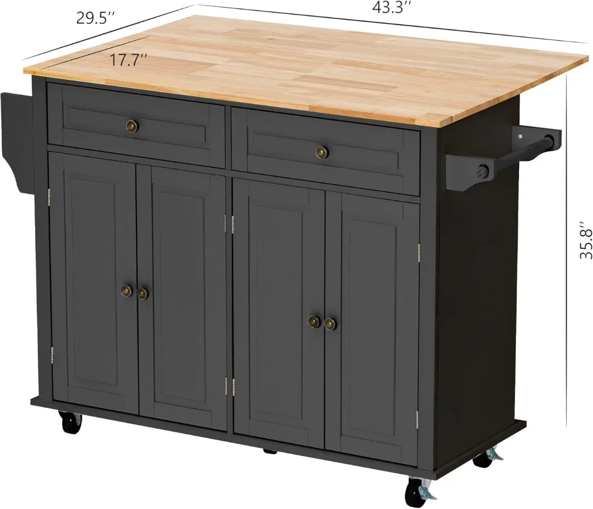 Kitchen Cart Wood Top Drop Leaf Rolling Kitchen Island Table on Wheels