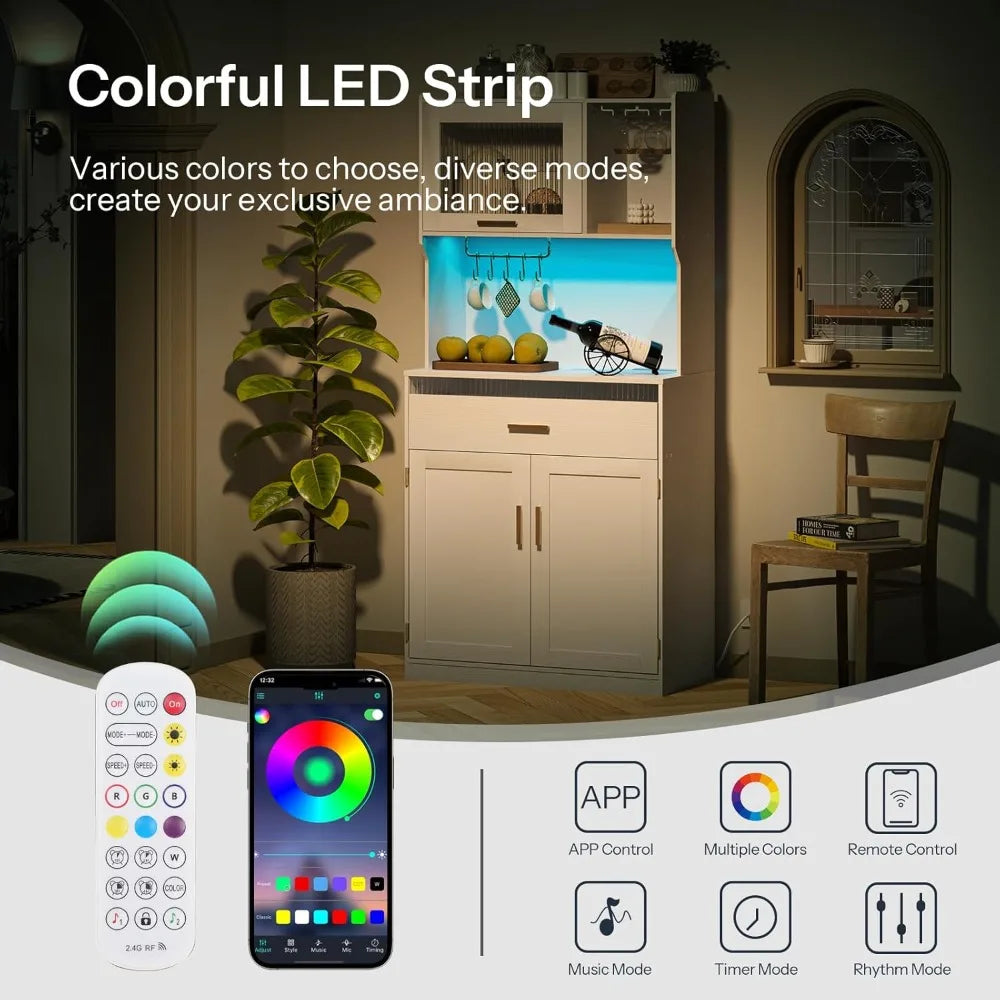 Ljustra Pantry Cabinet 67 Inch Kitchen Storage with LED Lights Charging Station