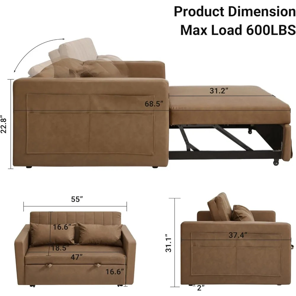 55 Inch Leather Sofa Bed Pull Out Sleeper Loveseat Couch Futon