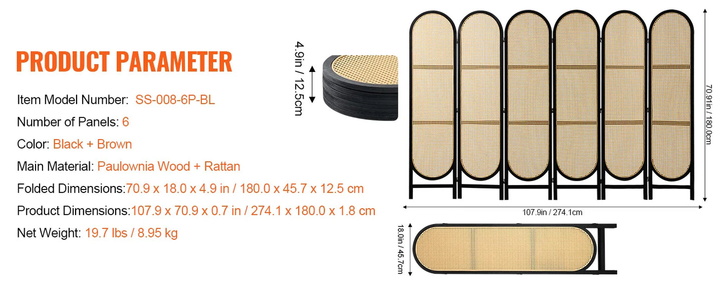 Ljustra 6 Panel Bamboo Room Divider Hand-Woven Folding Privacy Screen