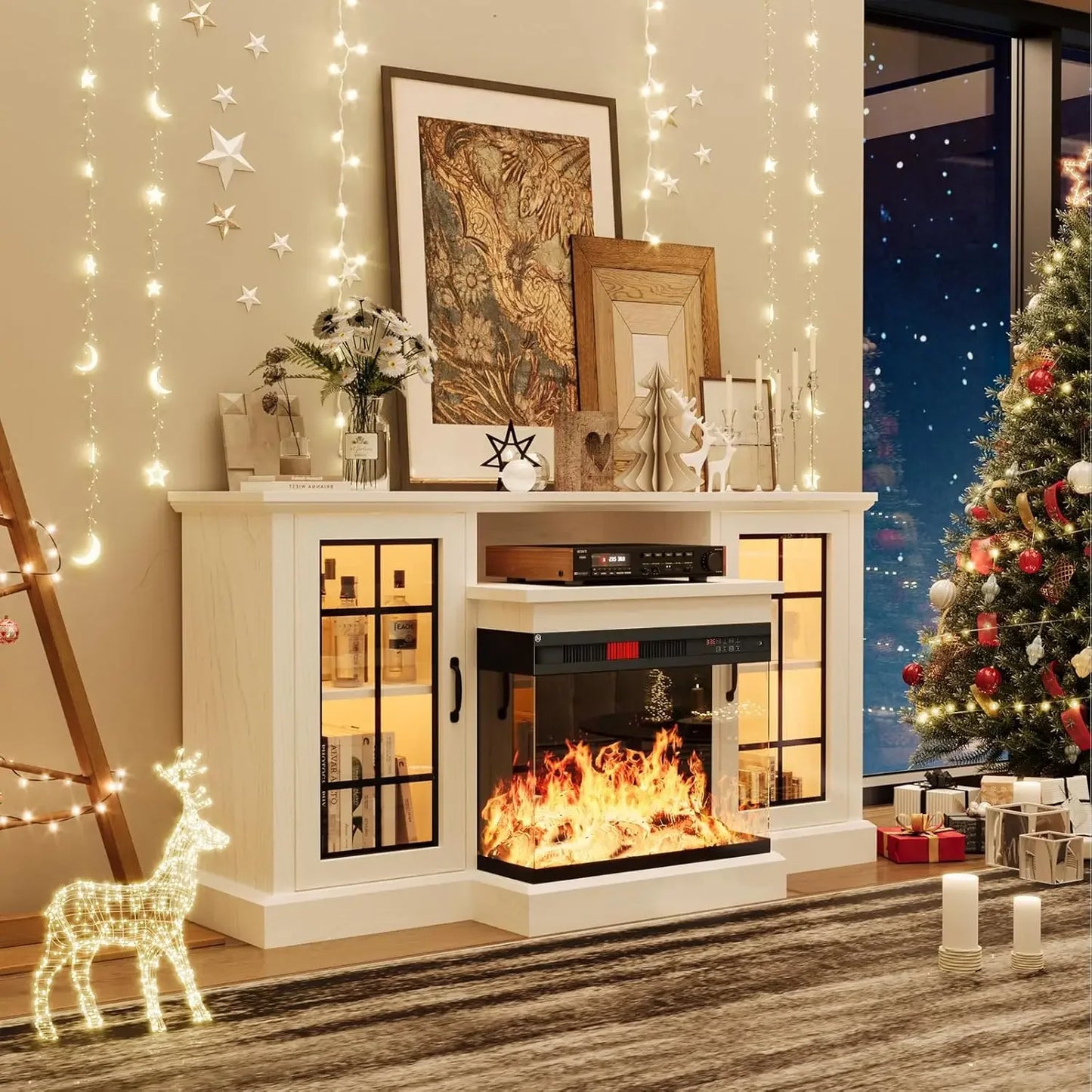 59 Fireplace TV Stand 3 Sided Glass Entertainment Center for TVs up to 65