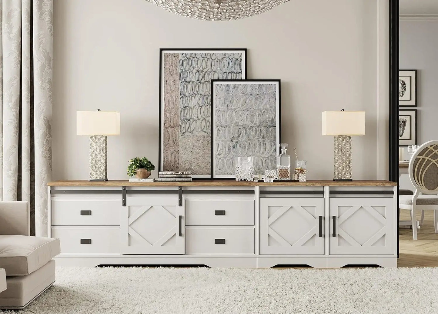 Farmhouse TV Stand for TVs up to 110" with Drawers Adjustable Shelves